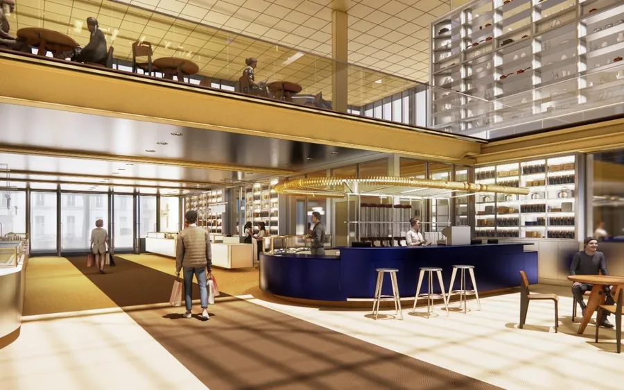 Rendering of a blue counter and lit shelves in the ground-floor hall of the Maison du Peuple, Ducasse Paris