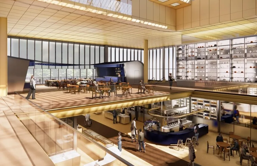 Rendering of the restored Maison du Peuple in Clichy for Ducasse Paris: a gallery restaurant above a hall with counters and shelves